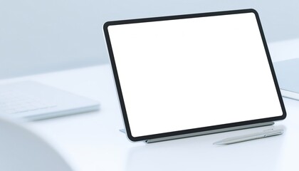 Fototapeta premium Blank tablet mockup on clean desk with stylus