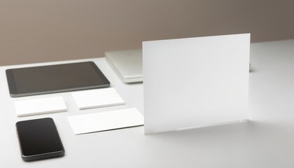 Naklejka premium Minimal desk mockup with devices and blank display
