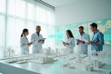 Fototapeta premium Diverse Team Analyzes Urban Model with Holographic Displays in Modern Lab