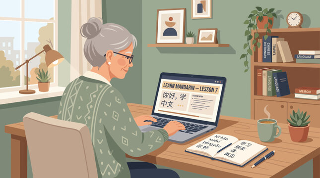 Senior Woman Learning Mandarin Chinese Online on Laptop at Home