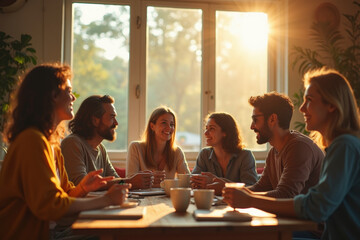 Fototapeta premium Group of friends sitting around a table chatting in warm sunlight