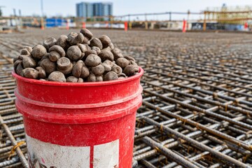 Naklejka premium Bucket of Mushroom Style Rebar Safety Caps on Construction Site