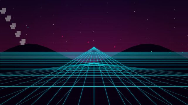 Retro synthwave neon grid landscape with blue perspective lines, dark futuristic horizon mountains, purple starry sky, 1980s digital background aesthetic for motion graphics