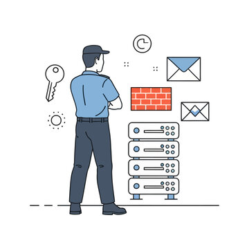 Security guard protecting server room infrastructure with firewall and digital mail symbols.