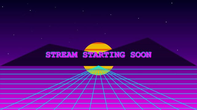 Stream starting soon overlay video for live broadcast featuring retro synthwave 80s style background with neon pink mountain sun and digital grid design