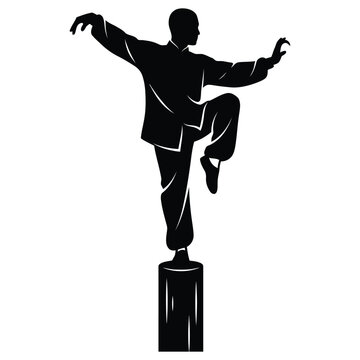 Minimalist silhouette of a Shaolin monk practicing kung Fu balance on a wooden pole vector flat illustration