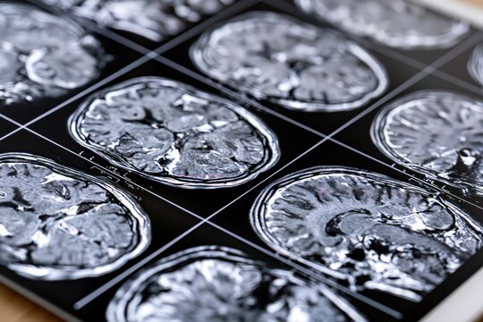 Close-up view of a detailed MRI scan showing cross-sections of the human brain, highlighting intricate details and structures.