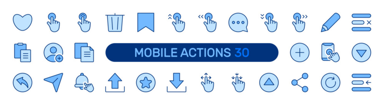 Mobile Actions filled icon set. User Interface, UI Gestures, App Controls, Touch, Touchscreen concept. Blue minimal vector icons collection.