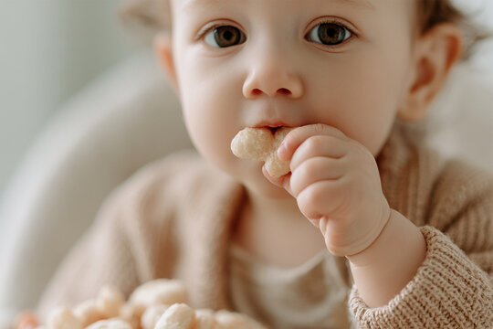 Close-up of baby eating a soft corn puff finger food, adorable infant portrait featuring healthy snacking, curious expression, early childhood development and natural feeding moments