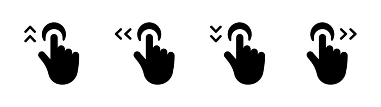 Swipe filled icon set. User Interface, UI Gestures, Mobile Actions, Touch, Touchscreen concept. Up, Left, Down, Right. Black minimal vector icons collection.