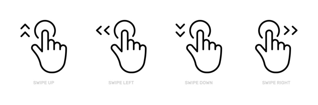 Swipe thin line icon set. User Interface, UI Gestures, Mobile Actions, Touch, Touchscreen. Up, Left, Down, Right. Black minimal outline vector icons collection.