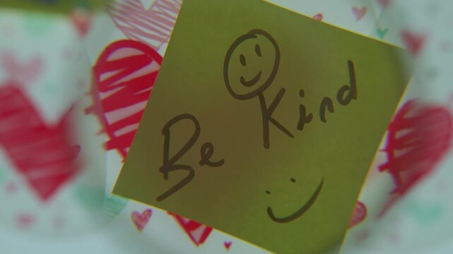 Hand placing a yellow sticky note with a handwritten 'be kind' message over a heart patterned surface