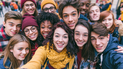 Obraz premium Vibrant Youth: Diverse Teenagers Socializing and Smiling in an Urban Group Photo