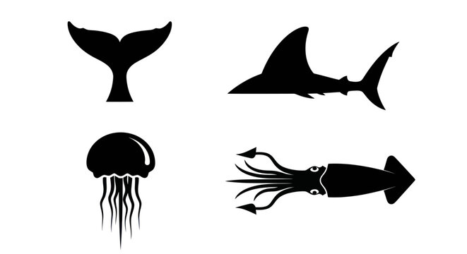 Marine animal silhouettes featuring shark, squid, and whale tail.