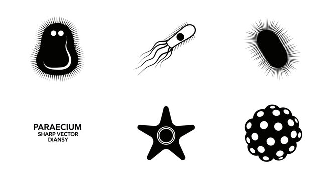 Microscopic organism and microorganism silhouettes set.