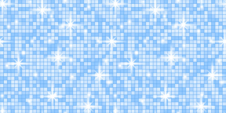 Disco blue sequin with background glitter texture and backdrop purple glam. Dance tile pattern with ball party seamless and mosaic retro sparkle. Floor vector disco with iridescent light