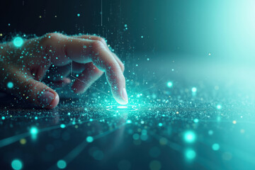 Fototapeta premium Human hand touching futuristic digital interface with glowing particles and light