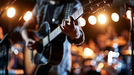 Fototapeta premium Live Music Performance featuring Passionate Guitarist on Stage | Acoustic & Electric Show with Band at Night Festival 