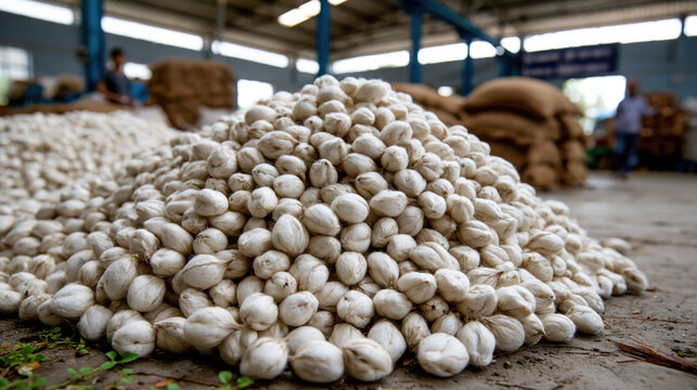Pile silk cocoon raw silk white cocoon natural fiber textile industry sericulture soft texture organic material closeup warehouse Large pile silk cocoon raw silk white cocoon natural fiber textile