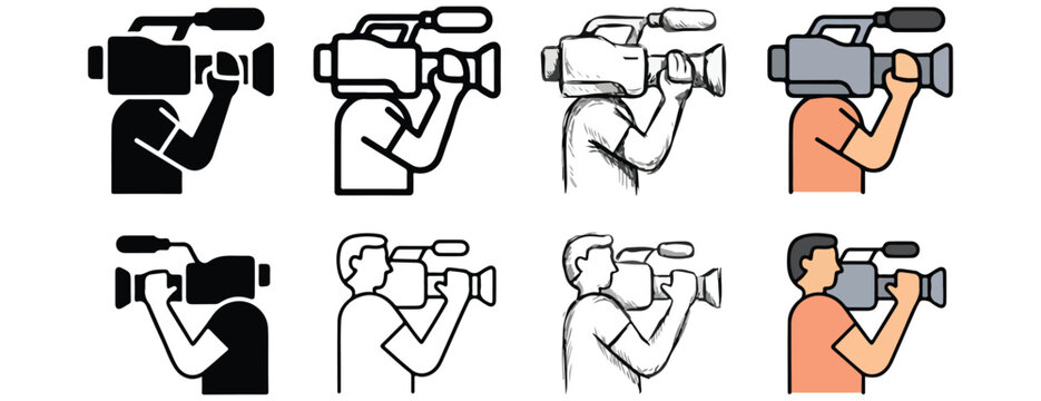 videographer holding and operating a professional camcorder for recording purposes presented in various stylistic formats