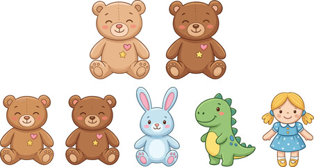 Fototapeta premium Cute Kawaii Baby Toys Vector Set Featuring Plush Teddy Bears Rabbit Dinosaur and Doll Characters for Children Nursery Room Graphic Designs