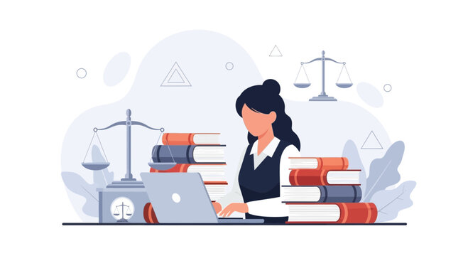 Female lawyer or paralegal working on laptop with stacks of books and scales of justice in modern flat illustration style