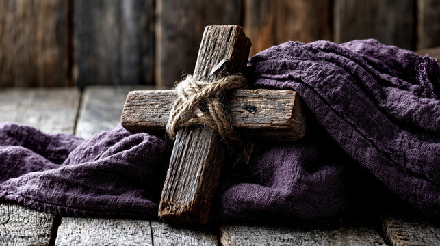 Rustic wooden cross christian symbol religious concept easter background rustic wood table rope twine purple cloth fabric rustic decor faith hope spiritual worship Rustic wooden cross wrapped with