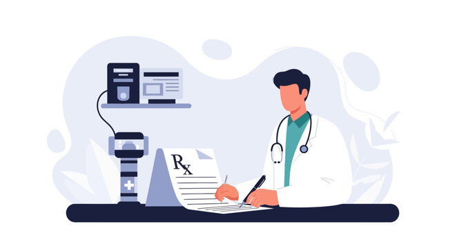Doctor Writing Prescription at Desk with Stethoscope, Computer and Medical Equipment