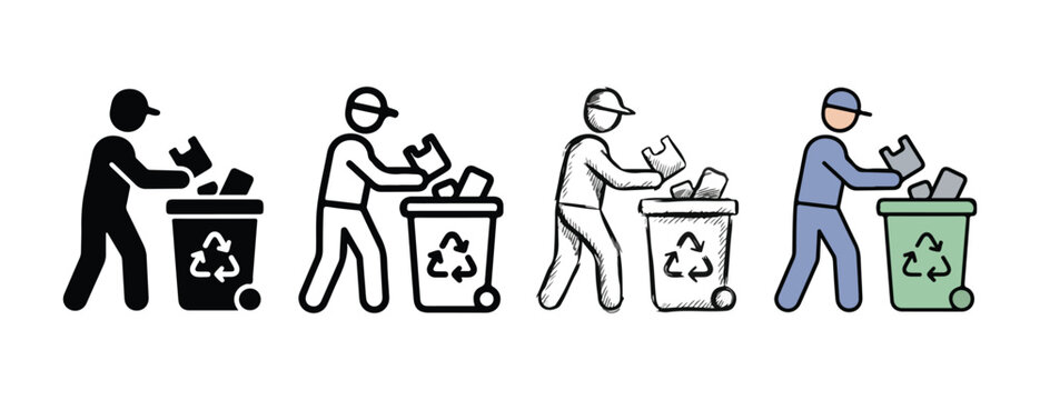 person depositing waste into a recycling bin featuring different visual styles from solid silhouettes