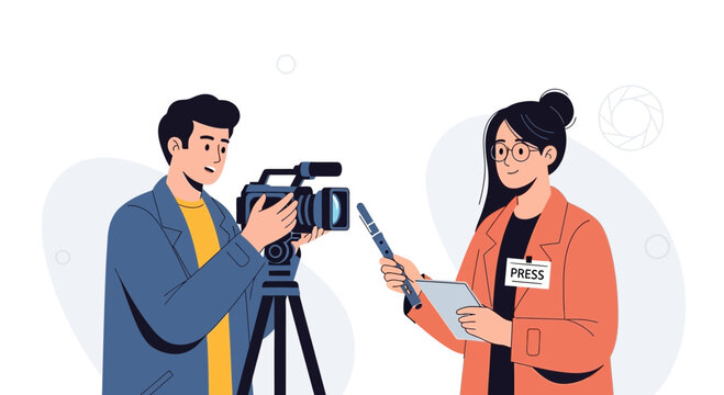 Journalist with microphone interviews cameraman filming event, vector illustration