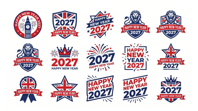 Happy new year 2027 united kingdom themed celebration badges and icons with great britain union jack big ben graphic design celebration greeting illustration collection fireworks