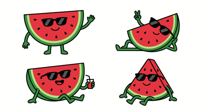Cartoon watermelon slices wearing sunglasses in fun summer poses