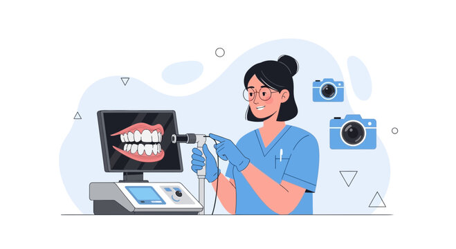 Dentist using intraoral camera for dental examination and diagnosis