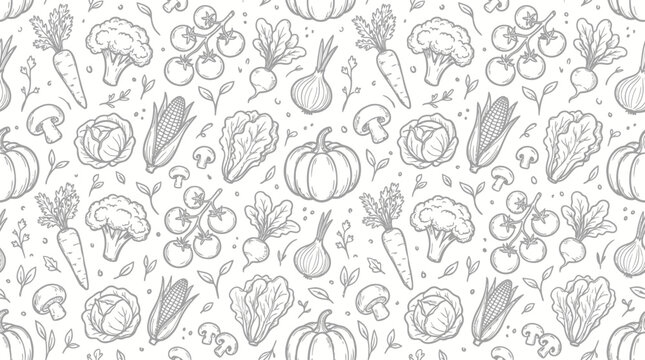Seamless vegetable pattern with hand drawn sketch line art