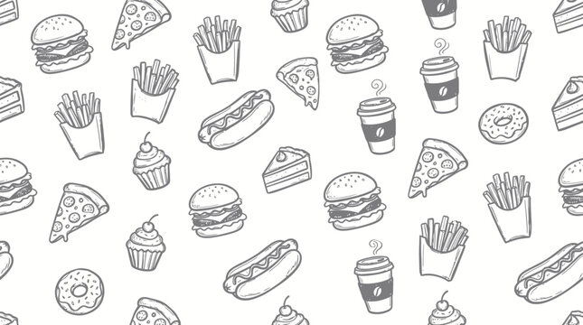 Seamless fast food doodle pattern with burgers pizza and snacks