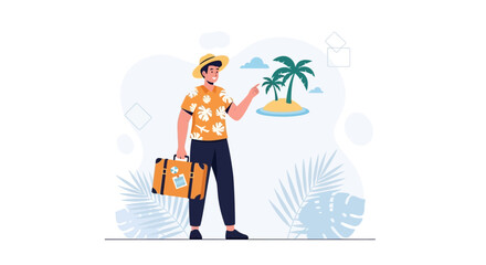 Obraz premium Man in Hawaiian shirt with suitcase points to tropical island, symbolizing vacation and travel dreams