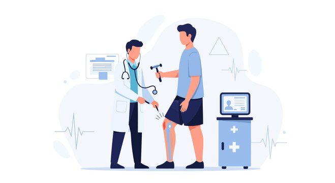 Doctor examines patient's knee reflex with reflex hammer, medical examination, healthcare concept illustration