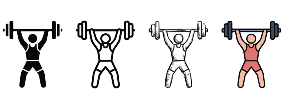 Four stylistic representations of a weightlifter lifting a barbell overhead depicting strength training and athletic performance in various artistic forms and colors