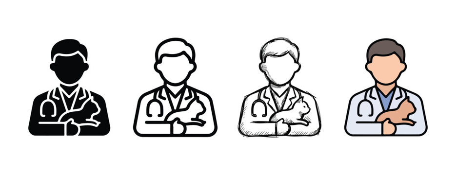 Icon set representing a veterinarian holding a cat in various illustration styles including solid silhouette outline sketch and flat design isolated on transparent background for easy integration