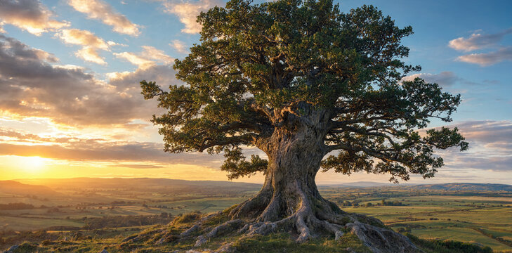 Solitary oak tree with gnarled roots overlooking a vast rural landscape during a golden hour sunset landscape outdoors environment majestic sunlight peaceful