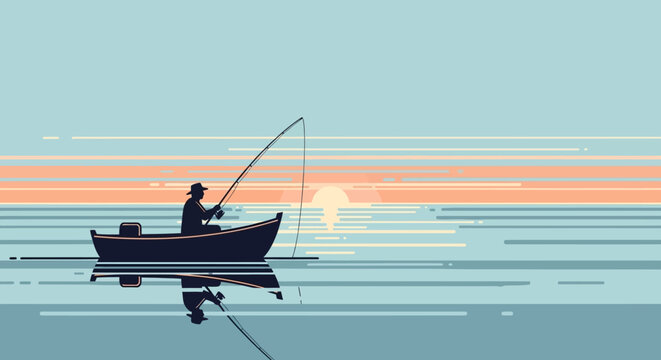 Silhouette of fisherman in small boat fishing in calm sea during beautiful sunset vector illustration