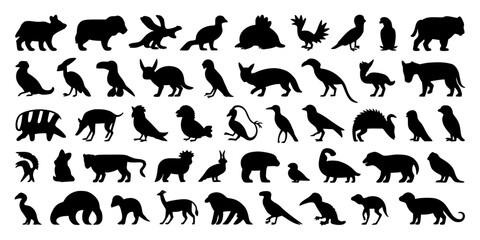 Obraz premium Dog Silhouette Icons Set of Various Breeds and Poses in Bold Black on White Background Featuring Canine, Pet, Mascot with Vector-Like Shapes
