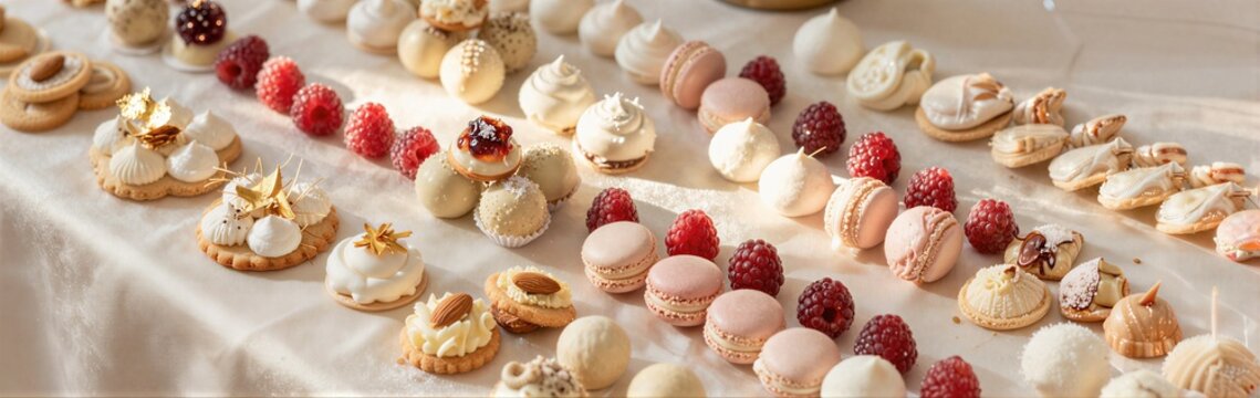 Assorted macarons and pastries arranged on banquet table