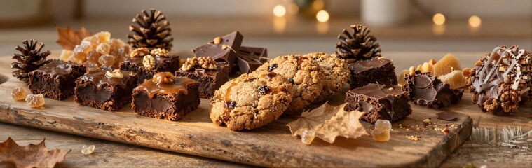 Fototapeta premium Assorted brownies cookies and chocolate on wooden board