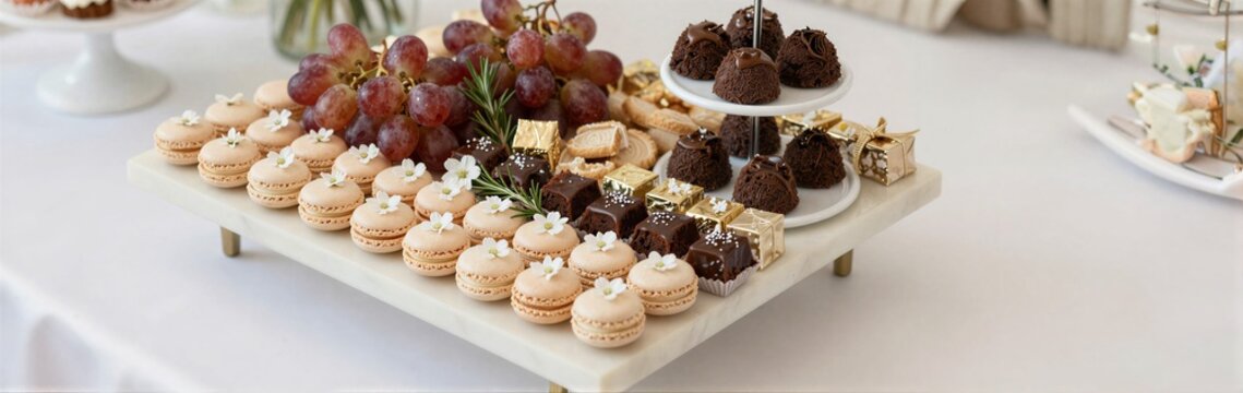 Assorted macarons and petit fours displayed on serving stand