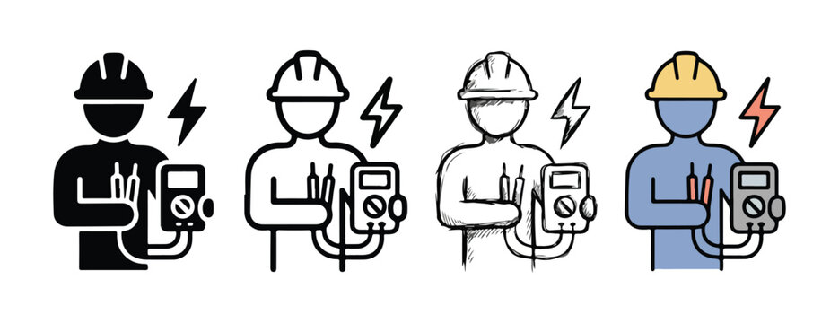 depicting an electrician or technician wearing a hard hat and holding a multimeter
