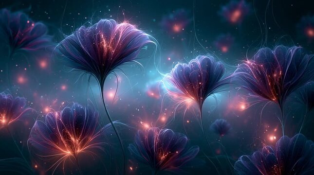 Endless field of luminous cosmic flowers blooming in dark nebula, bioluminescent petals of stardust and plasma, ethereal interstellar garden, surreal cosmic fantasy landscape.