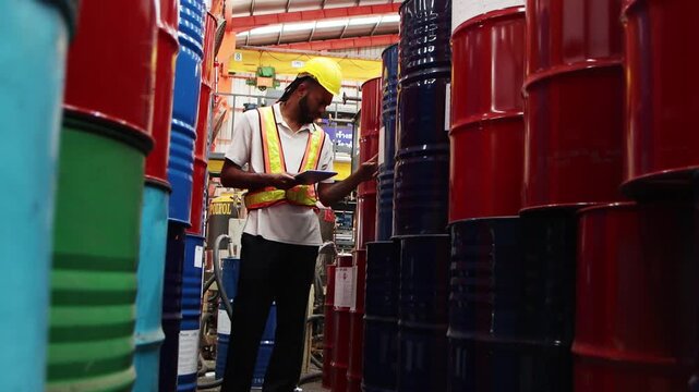Latin male worker with helmet and safety vest holds tablet, inspecting product in large steel drums at industrial site. Young worker walks around to inspect large steel drums in manufacturing factory.