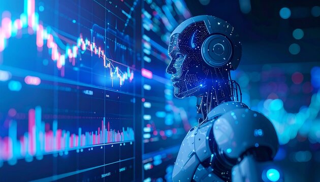 Artificial intelligence analyzing global financial markets with glowing stock charts