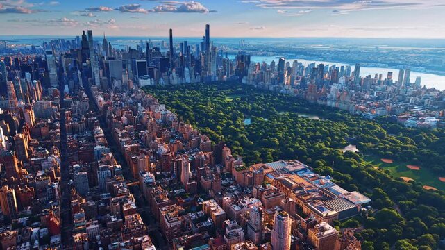 Spectacular scenery of New York City blocks and greenery of Central Park. Drone footage over Manhattan panorama at sunset.